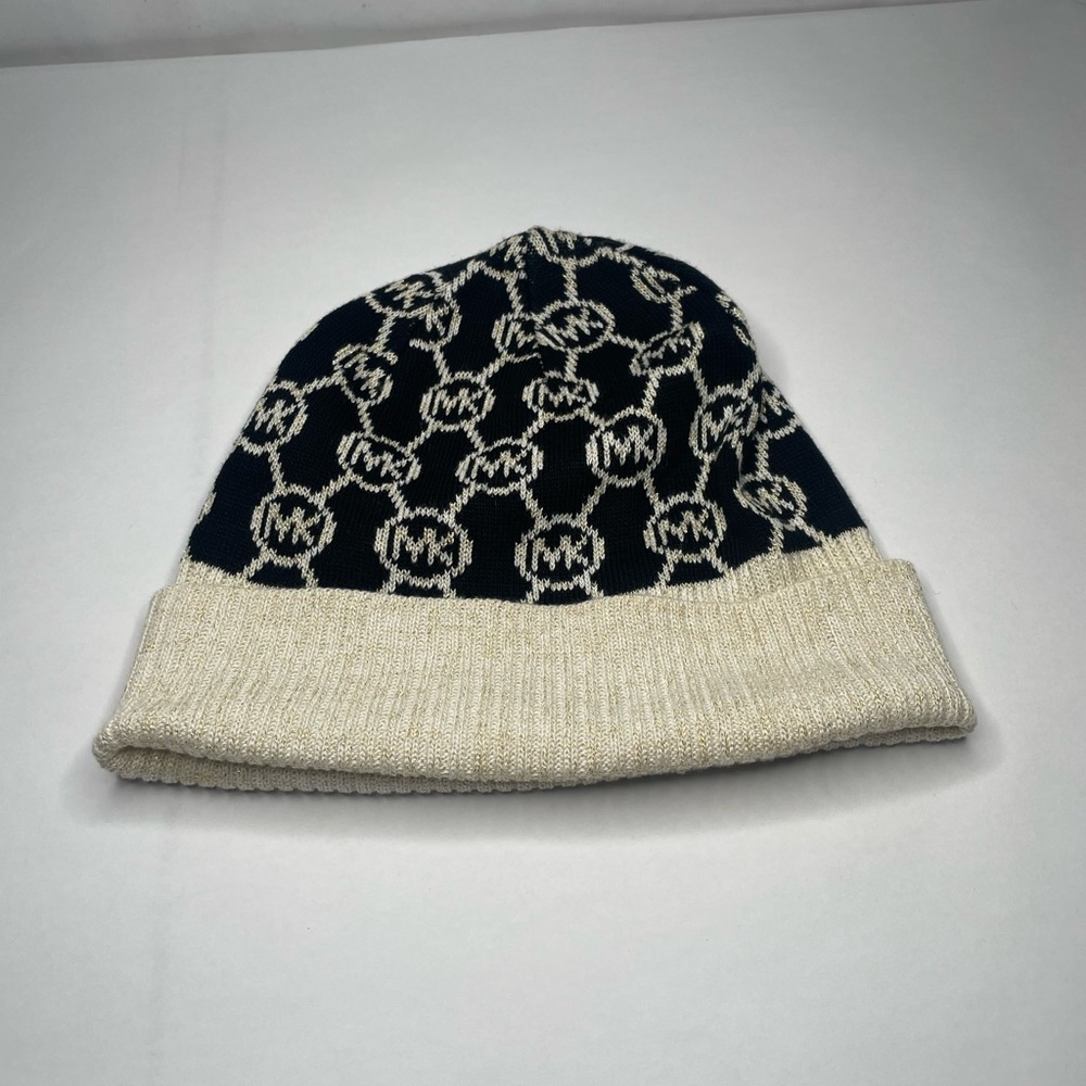 Michael Kors Circle MK Monogram Logo Knit Black Gold Beanie Hat NWOT - Picture 4 of 5
